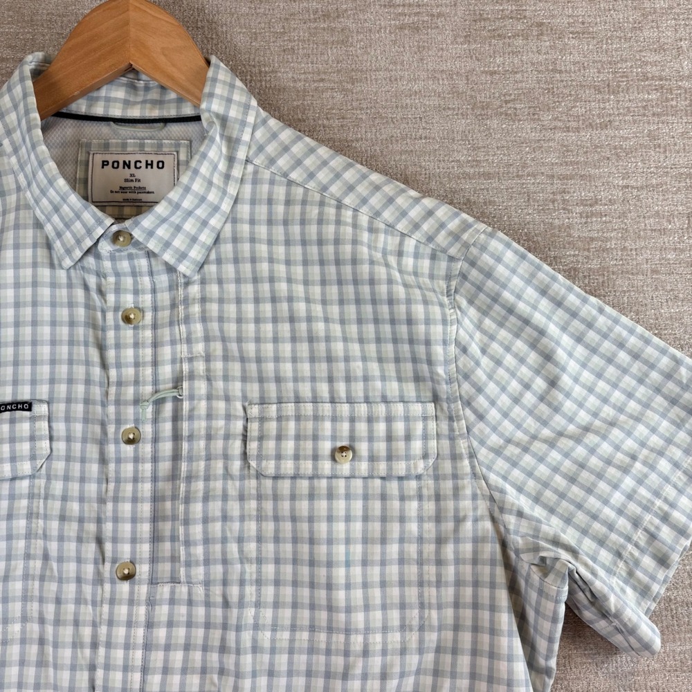 Poncho Outdoors Permormance Fishing Shirt Mens XL Slim Fit Blue Green Plaid EUC